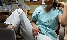 Naughty nurse showing off her pussy while at work, she also masturbates