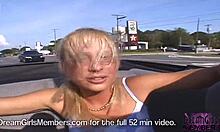 Nude blonde shows her real tits in car